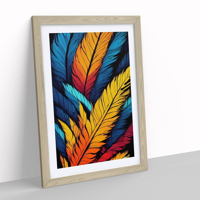 Feathers A Technicolour No.1 - Single Picture Frame Painting, 64cm H x 46cm W x 2cm D, Oak