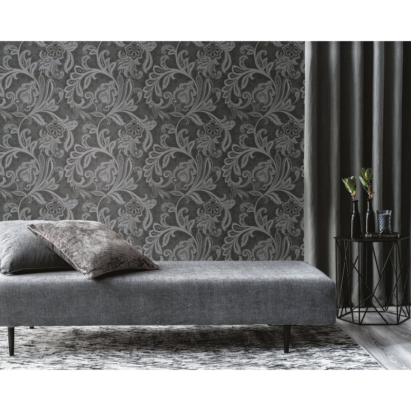 Elegance Collection Paisley Design Pearlescent Finish Wallpaper Roll, Dark Gray