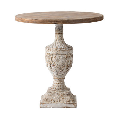 Antique White and Gray Round Accent Table with Fir Wood Top and Medallion Details