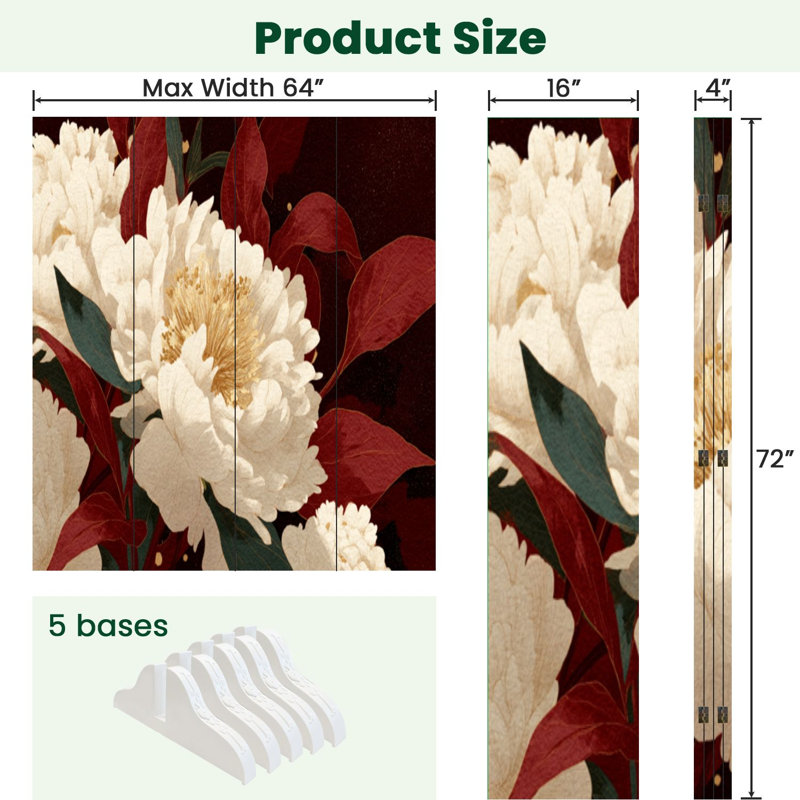 Cloison pliante à 4 panneaux avec paravents décoratifs floraux dorés Royal, 4, 71" H x 64" W x 1" D