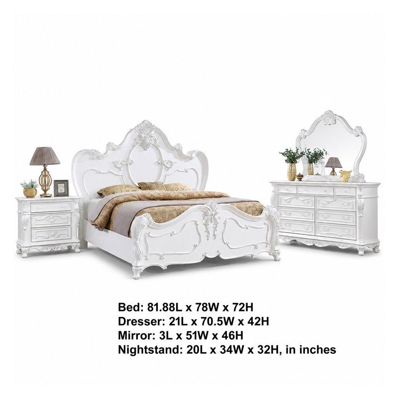 Rosy 4pc Queen Bedroom Set, White Solid Wood Nightstand Dresser Mirror
