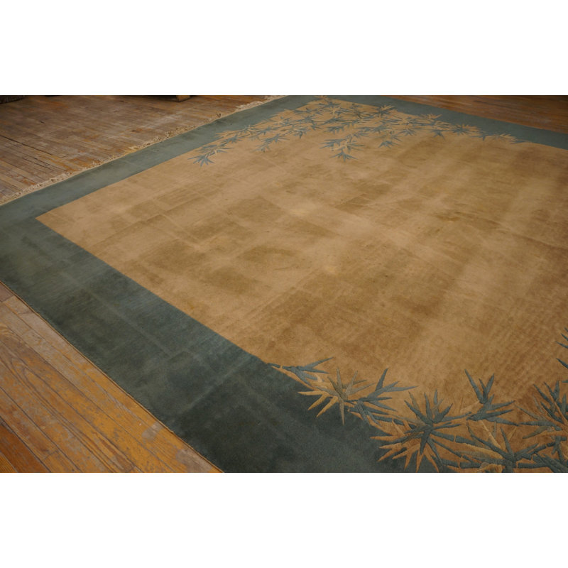 Antique Art Deco Chinese Floral Green, Ivory Beige Cream White 1920s Rug