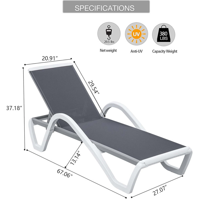 Adjustable Aluminum Patio Chaise Lounge With Armrests, All-Weather Mesh Fabric For Poolside And Outdoor Relaxation