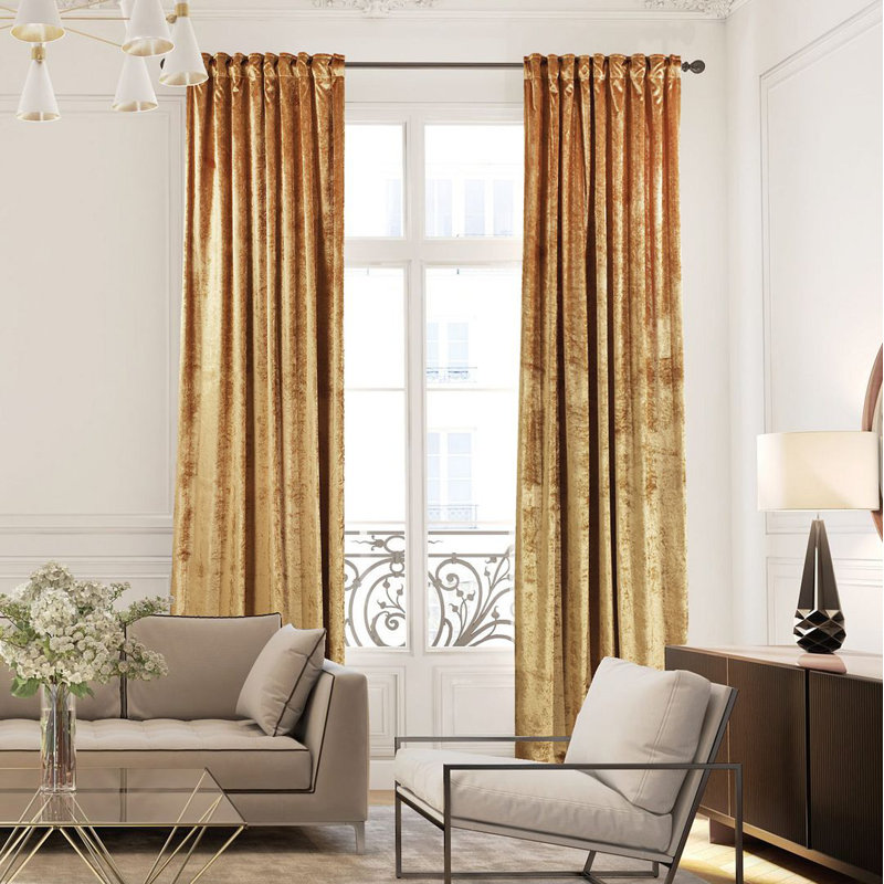 Blackout Thermal with Liner Extra Long & Extra Wide Shiny Velvet Decorative Curtain Panel, 140cm Width x 265cm Drop, Golden