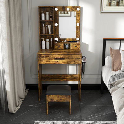 Table de coiffeuse avec miroir et lumières DEL réglables, prise de courant, support pour séchoir à cheveux et tabouret - coiffeuse compacte pour petites chambres