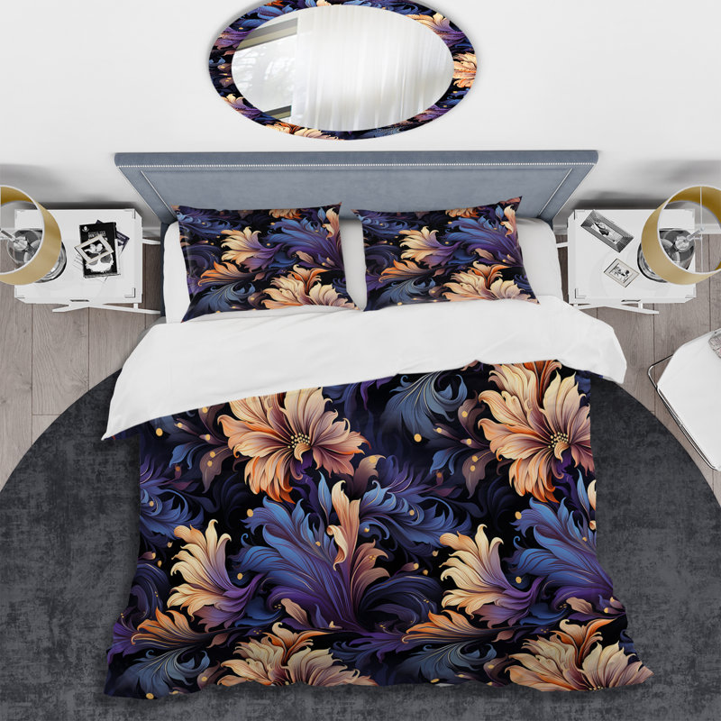 Ensemble de housse de couette astral bleu mauve et damassé Radiance I, Housse de couette pour très grand lit et 2 très