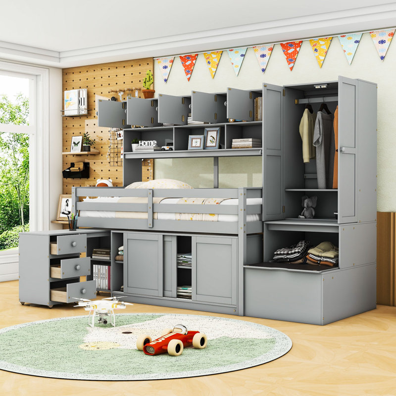 Lit mezzanine en bois avec bureau à roulettes et garde-robe, Simple, gris