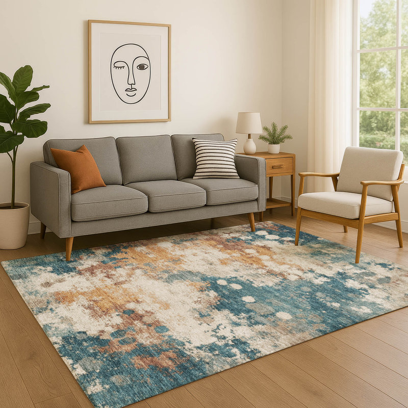 Tapis abstrait lavable à la machine de qualité supérieure Mayfield AMF2114, 10 pi x 14 pi, Sarcelle