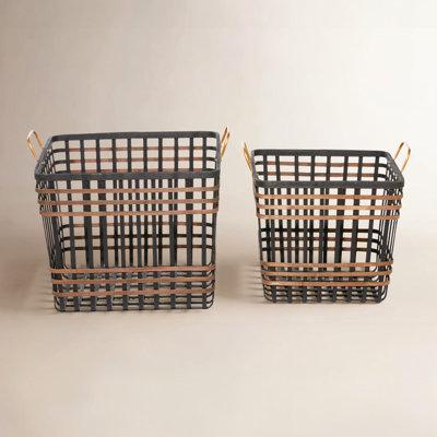 Black Bamboo Wood Open Frame Square Storage Basket with Brown Accents, Set of 2