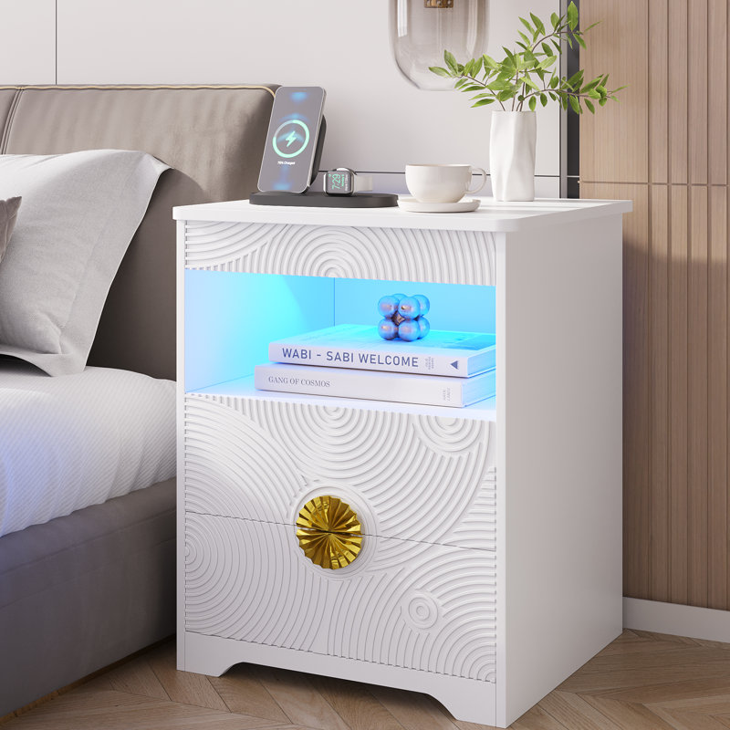 17.7" W 2 - Drawer Nightstand with LED light and Charging Station, White