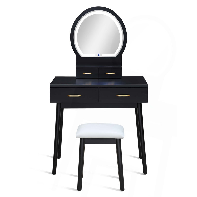 3Pc Vanity Table And Stool Set Built-In Led-Lit Mirror Matching Cushioned Stool Gold-Accented Handles Wooden Home Furniture
