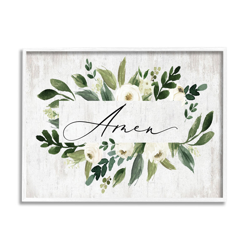 Texte de l'Amen, feuillage botanique vert, fleurs blanches et patiné - impression, Giclée encadrée blanc bord de mer