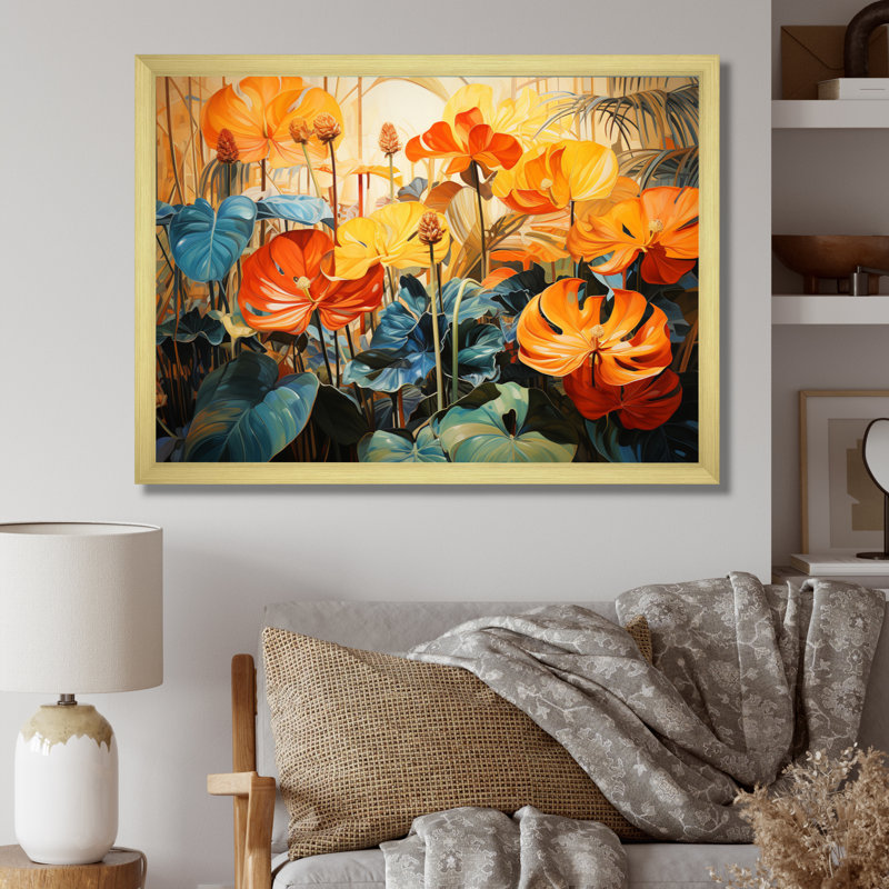 Plantes tropicales orange et vertes IV sur toile, Encadrement doré, H 30 po x l 40 po x P 1,5 po