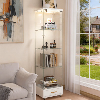 Vitrine à 4 niveaux avec lumières et serrure, vitrine en verre trempé, bibliothèque avec tiroir, porte simple et roulettes à 360 °, blanc