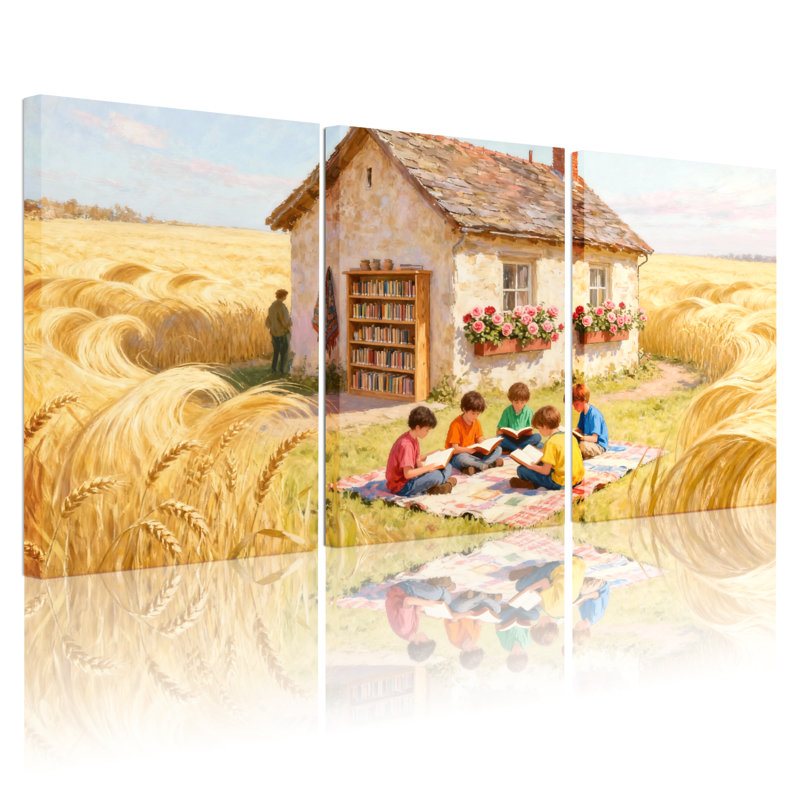 Scénario et paysages urbains, champ de blé doré, ensemble de lecture pour enfants, ensemble de 3 impressions sur toile