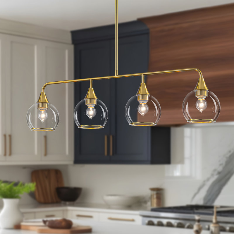 Luminaire suspendu pour îlot de cuisine 4 lumières linéaire en verre transparent 4 lumières, Doré