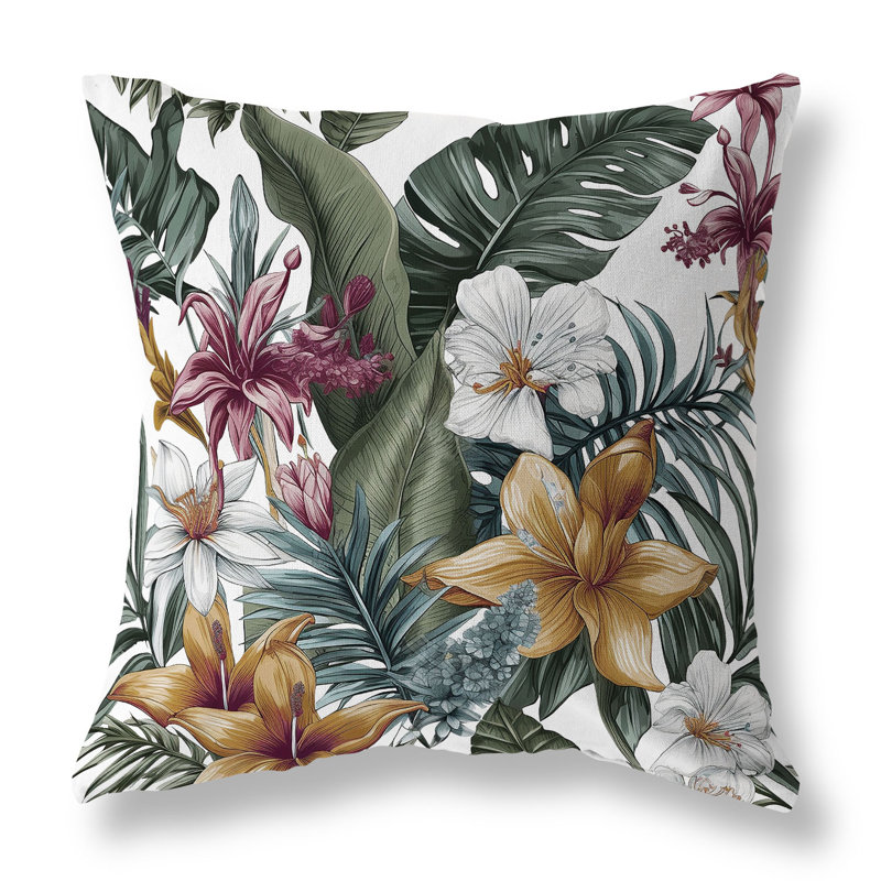 Coussin Rainforest Reverie, H 16 po x l 16 po, Blanc / floral multicolore