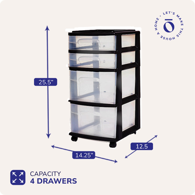 HOMZ 4 Drawer Storage Drawer, Black, 1 Pack