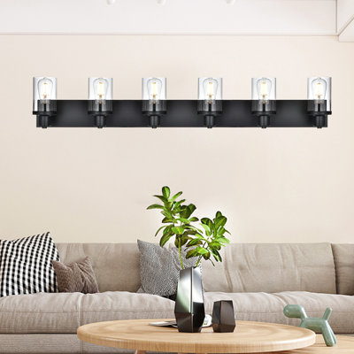 Luminaire de meuble-lavabo 6 lumières, miroir de salle de bain noir mat au-dessus d'un miroir, luminaire de salle de bain moderne avec abat-jour en verre transparent, applique murale noire de style campagnard pour chambre à coucher