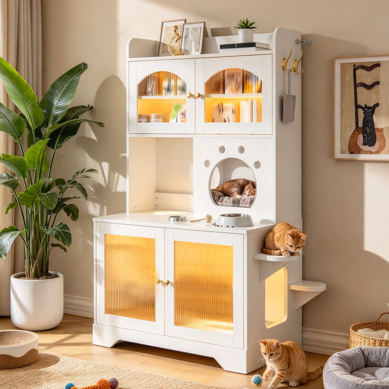 Enceinte de litière pour chat à 3 niveaux avec armoire de rangement, portes en verre cannelé et plateformes d'escalade, Blanc