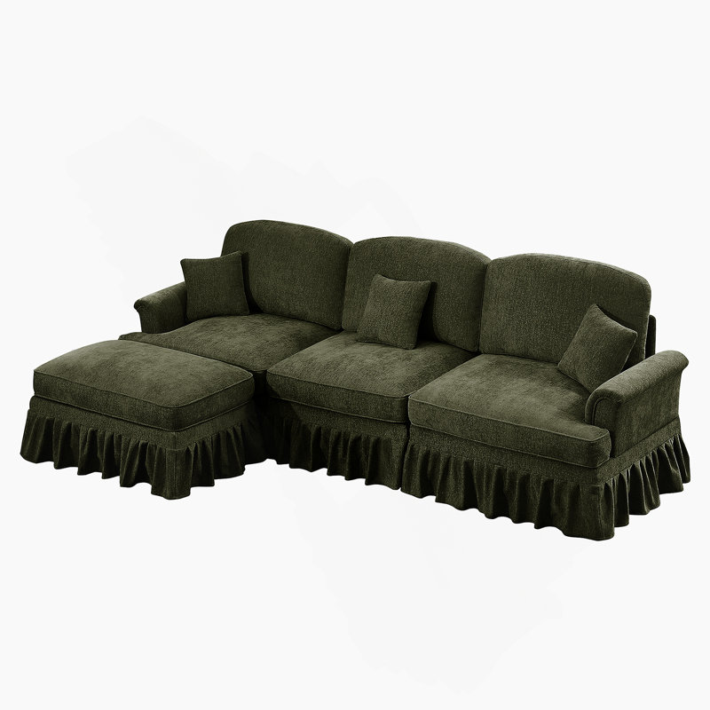 Canapé modulaire en forme de L à trois places Mid-Century avec accoudoirs évasés, volants amovibles et pieds fuselés, canapé en chenille confortable avec repose-pieds mobile