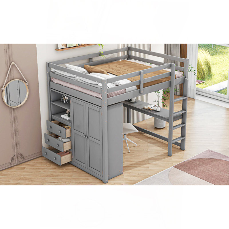 Lit mezzanine double en bois avec garde-robe intégré, Gris
