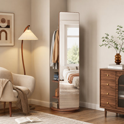 Miroir pleine grandeur pivotant à 360 ° en noyer massif (69 po x 20 po) - Miroir sur pied avec crochets de rangement; Miroir de rangement peu encombrant pour chambre à coucher et garde-robe