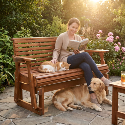 Wooden Outdoor Glider Bench with Smooth Gliding Motion and Cup Holders, Cedar Brown