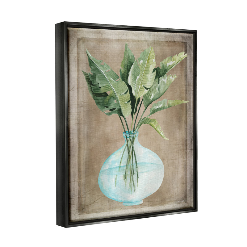 «Green Plant Leaves» dans un vase en verre avec bordure rustique par Cindy Jacobs - peinture sur toile avec cadre flottant