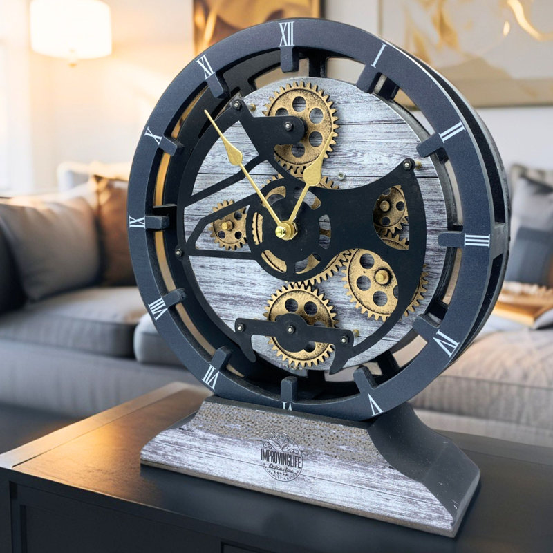 Desk wooden Clock Round 10 inches with Real Moving Gears (Transformable into a Wall Clock - detachable base) Canada Collection