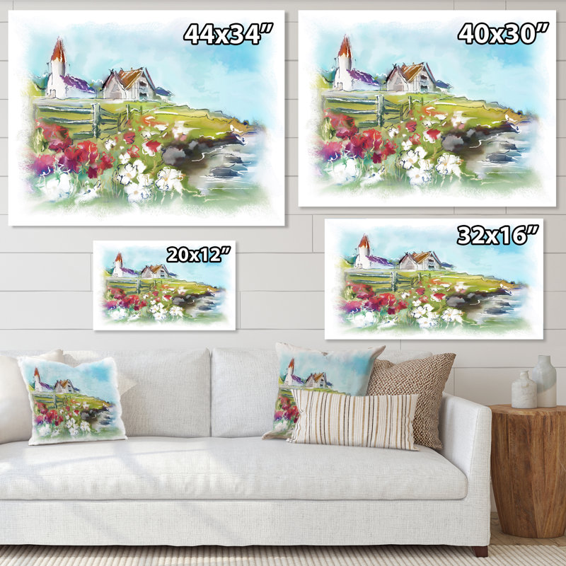 Bâtiments blancs sur un pré vert coloré - peinture sur toile, H 12 po x l 20 po x P 1 po, Toile tendue