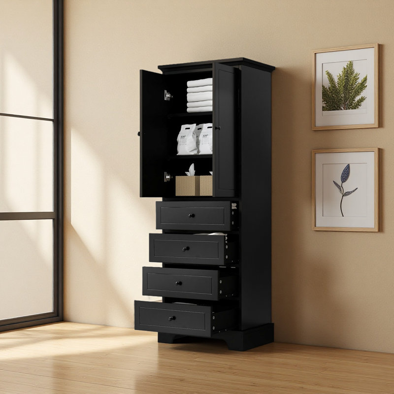 Armoire de rangement avec 2 portes et 4 tiroirs pour la salle de bain, Noir
