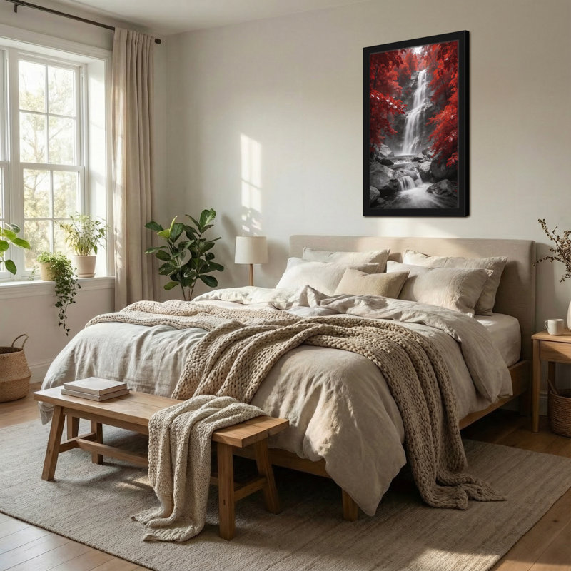 «Plants & Flowers Red Leaves Waterfall Nature Landscape», reproduction d'art, H 24 po x l 16 po