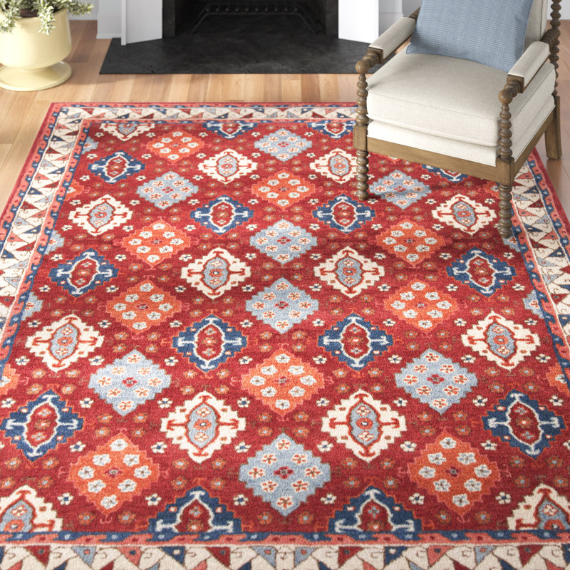 Armintha Geometric Handmade Tufted Wool/Cotton Red/Blue Area Rug, Rectangle 5' x 8'