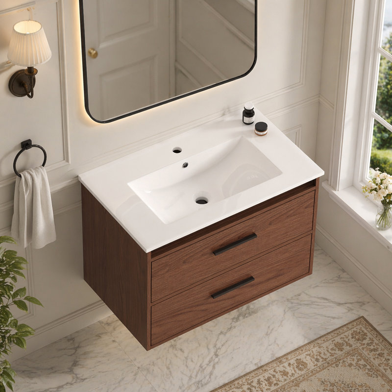 Meuble-lavabo mural 30 po à 2 tiroirs, fermeture brun rougeâtre