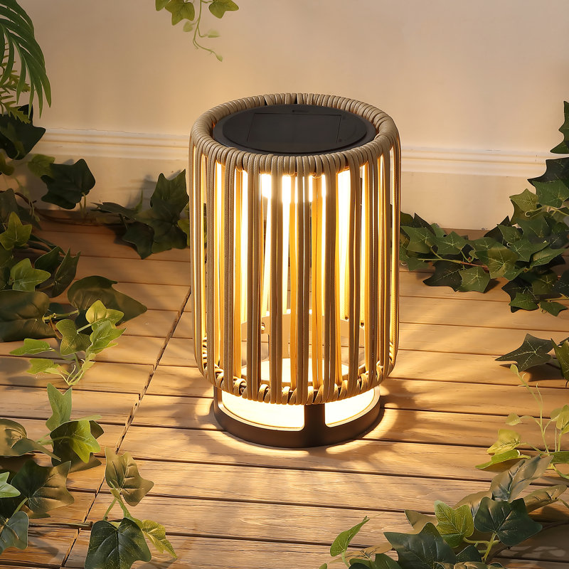 Sawara 12.5" Modern Minimalist Faux Rattan Integrated Indoor/Outdoor LED Solar Powered Lantern, Natural