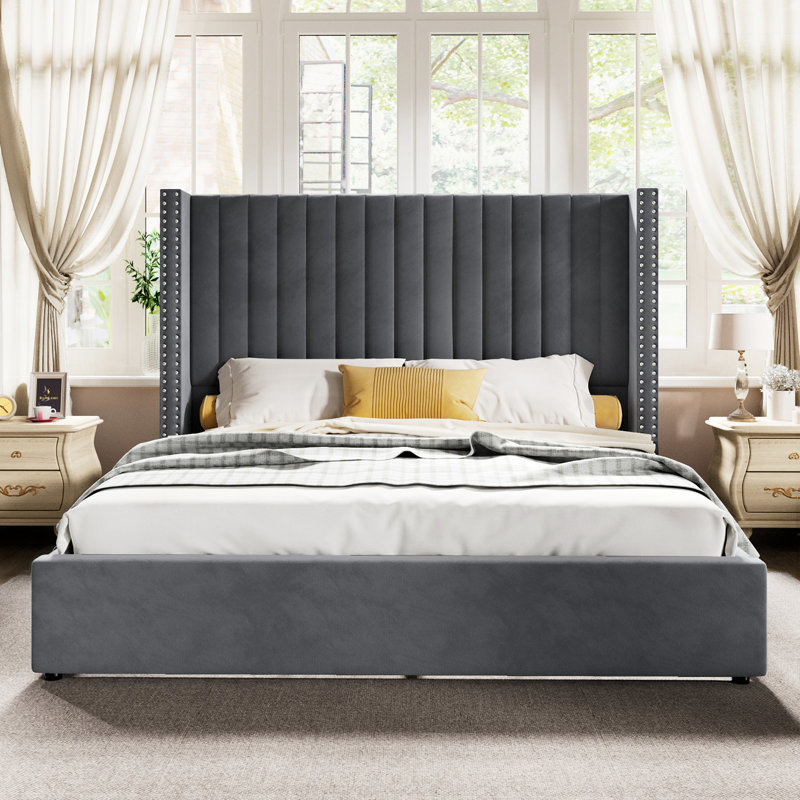 Olivea Queen Bed Frame Lift Up Storage Bed, Velvet Queen Upholstered Bed Frame, Gray