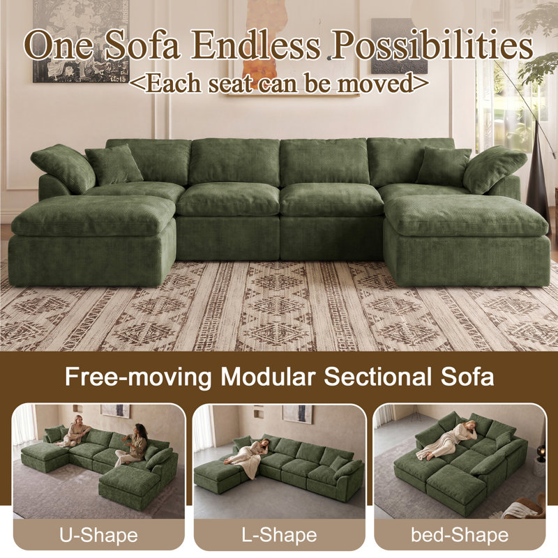 Canapé modulaire sans os de 139 po, canapé en U sans assemblage en tissu de chenille de qualité supérieure, mousse à mémoire de forme à haute densité, support de 1200 lb, conception modulaire à mouvement libre, lit de jour de salon, vert