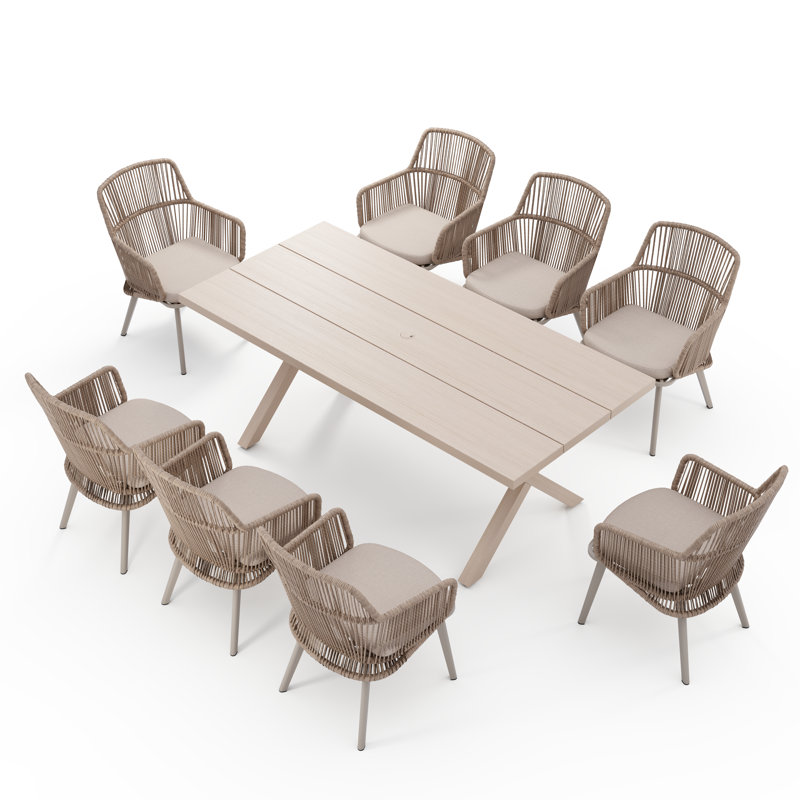 Ensemble repas d'extérieur rectangulaire avec coussins, Beige / beige, 8