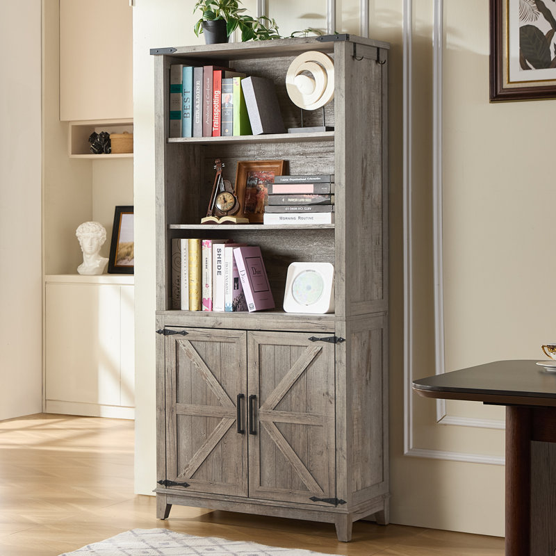 70in Tall Bookshelf 5 Tier Bookcase with Barn Doors and Adjustable Shelves,Farmhouse Book Shelf with Storage Cabinet,Wood Freestanding Display Bookshelves for Bedroom, Living Room