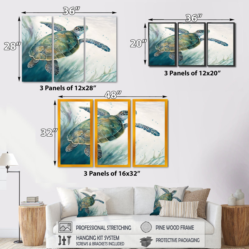 Tortue aquarelle nageant I - 3 pièces sur toile, H 28 po x l 36 po x P 1 po, Toile tendue