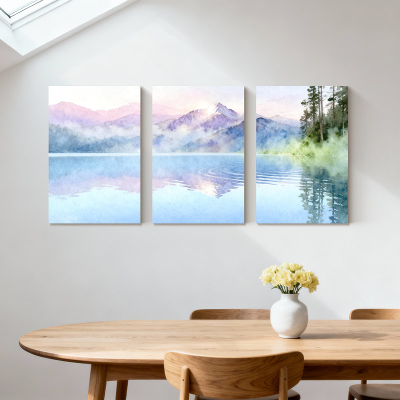Hiver, forêt, montagne, lac, réflexion, aquarelle, ensemble de 3 reproductions d'art sur toile, H 24 po x l 48 po