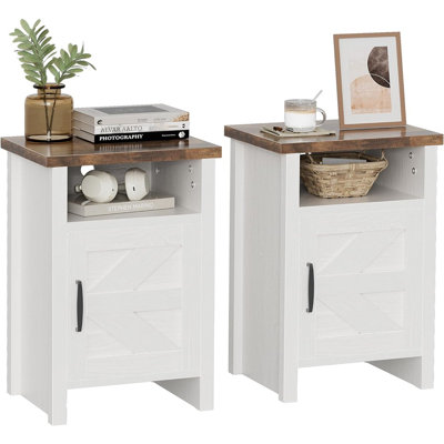 Table de chevet moderne avec tablette et porte de grange Farmhouse, ensemble de 2 tables de chevet pour la chambre à coucher, blanc