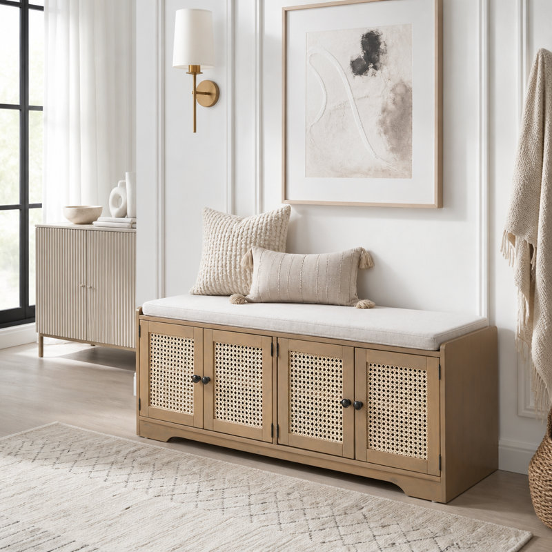 Banc de rangement multifonctionnel en bois pour entrée, avec coussin amovible, portes en rotin tressé et étagères réglables.