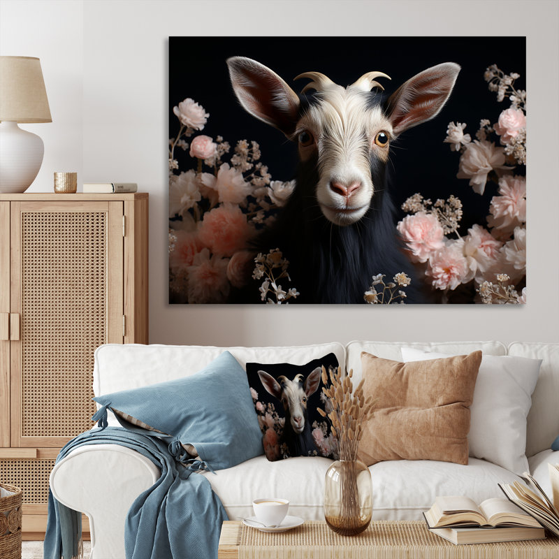 Portrait de chèvre blanc et rose - art mural animal de chèvre, Toile tendue, H 12 po x l 20 po x P 1 po
