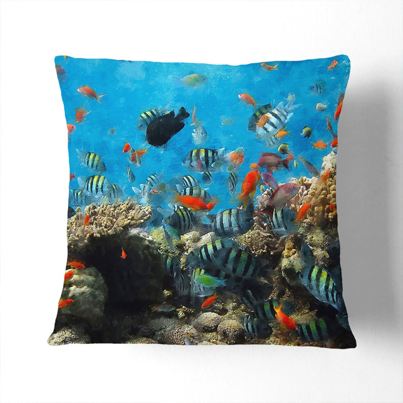 Coral Reef And Fish Vol.2 Square Throw Cushion, 40cm H x 40cm W x 15cm D, Black