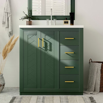 Ensemble de meuble-lavabo 30 po avec lavabo en céramique, armoire de rangement en bois massif, ensemble de meuble-lavabo autoportant avec 3 tiroirs et portes à fermeture douce