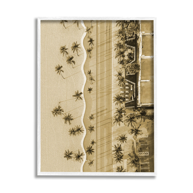 Vue aérienne tropicale encadrée sur bois, H 30 po x l 24 po x P 1,5 po, Estampe numérique encadrée blanc bord de mer
