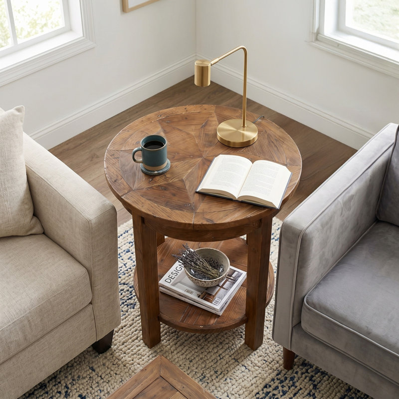 Revive Round Wood End Table with Shelf & Starburst Top