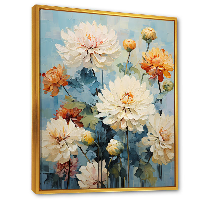 «Blue Blooms Zinnias Flowers I» sur toile, Cadre flottant doré, H 20 po x l 12 po